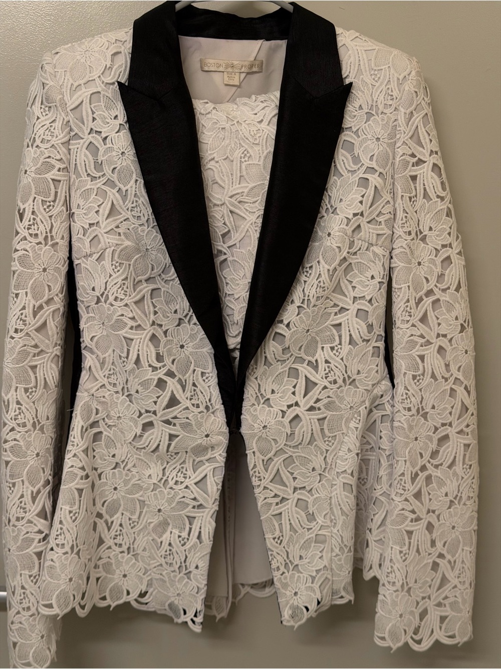 Boston Proper White Floral Lace Blazer with Black Satin Lapel